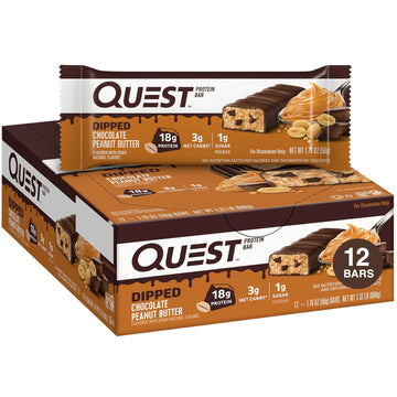 Quest Nutrition Dipped Chocolate Peanut Butter Protein Bars, 18G Protein, 1G Sugar, 3G Net Carbs, Gluten Free, 12 Count