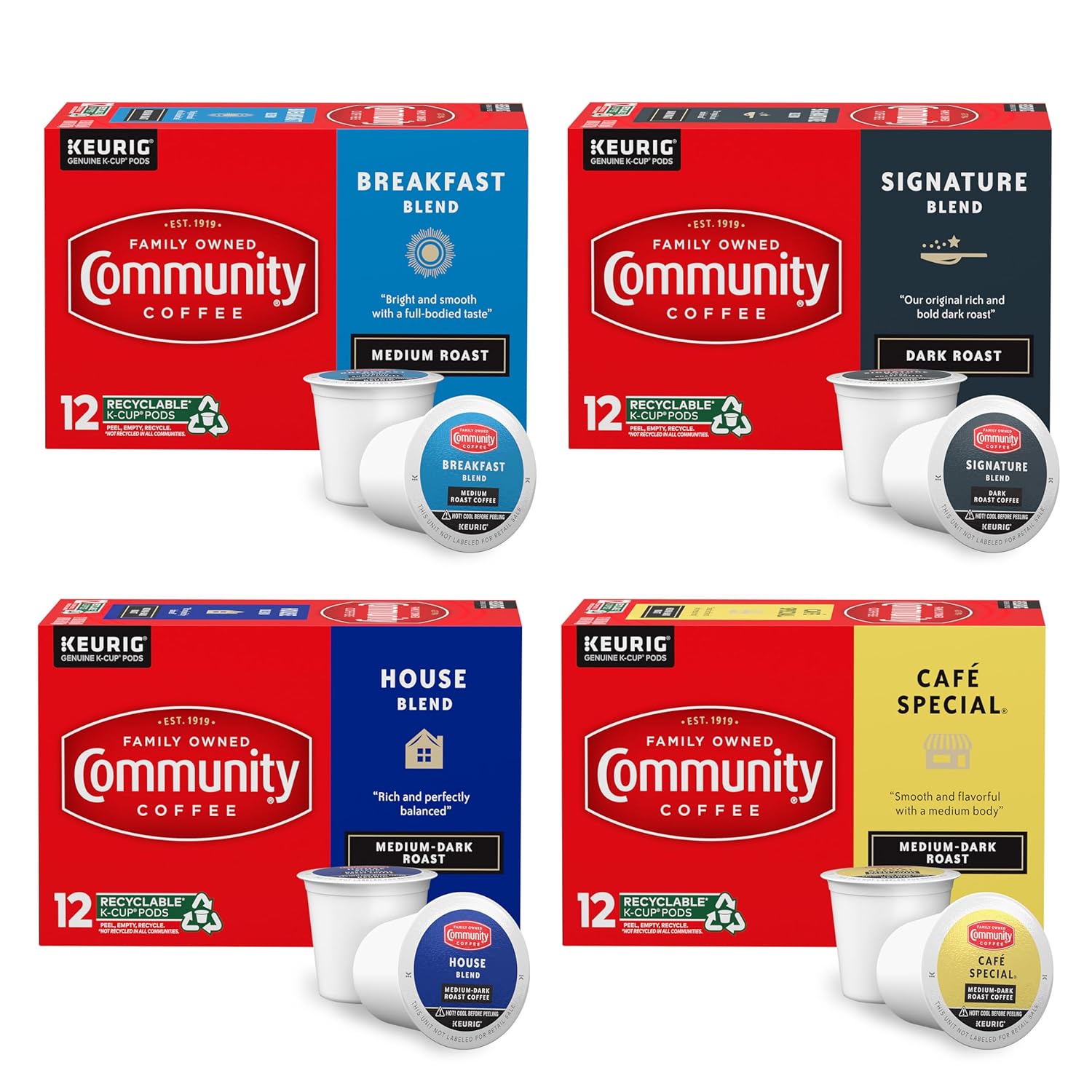 Community Coffee Variety Pack 48 Count Coffee Pods, Medium Dark Roast, Compatible With Keurig 2.0 K-Cup Brewers, 12 Count (Pack Of 4)