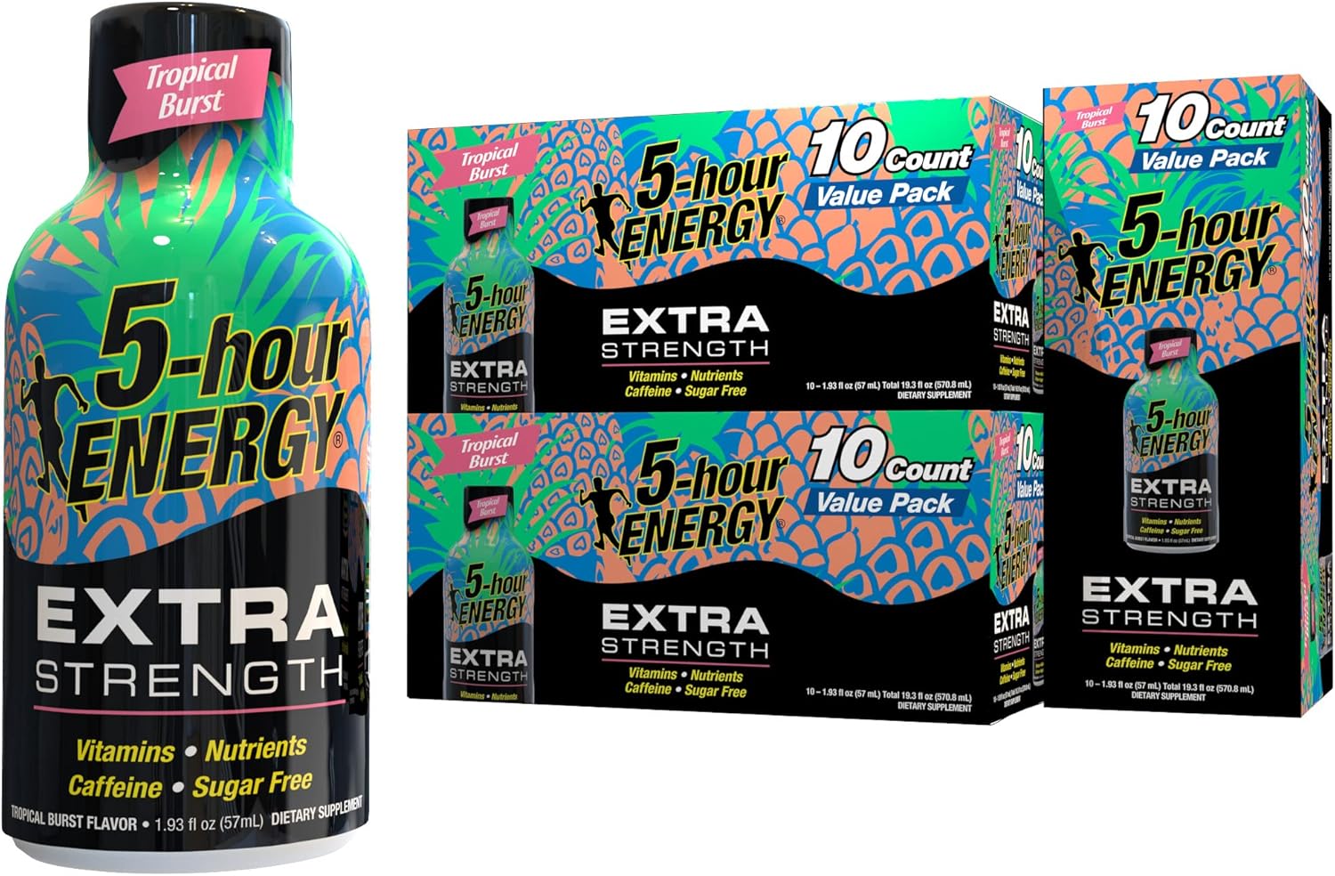 5-Hour Energy Shots Extra Strength | Tropical Burst Flavor | 1.93 Oz. 30 Count | Sugar Free, Zero Calories | Amino Acids And Essential B Vitamins | Dietary Supplement | Feel Alert And Energized