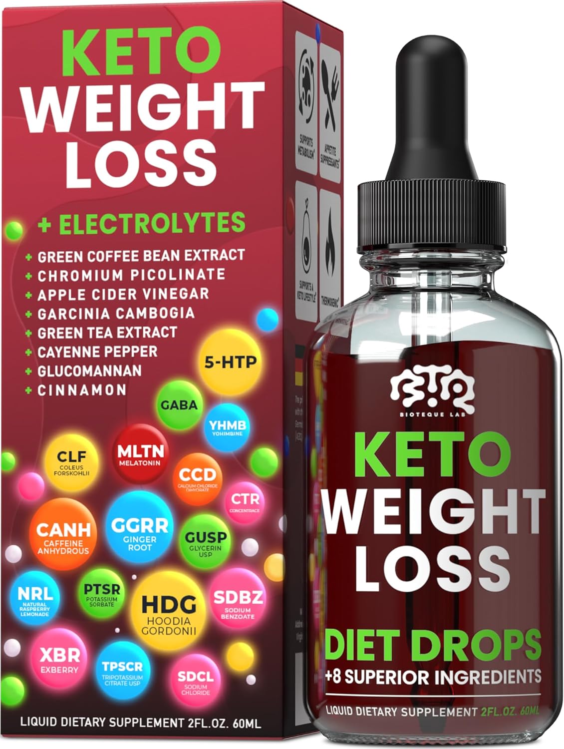 Keto Weight Loss Diet Drops, Natural Appetite Suppressant, Fat Burner For Women And Men With Apple Cider, Green Coffee Bean Extract, Cinnamon, Cayenne Pepper Metabolism Booster