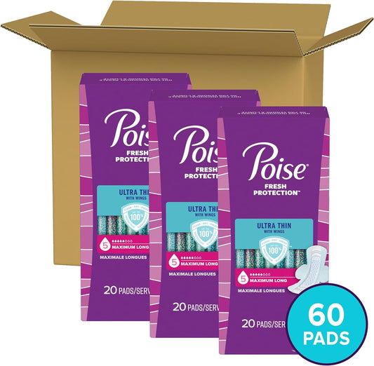 Poise Ultra Thin Incontinence Pads with Wings & Postpartum Incontinence Pads, 5 Drop Maximum Absorbency, Long Length, 60 Count (3 Packs of 20), Packaging May Vary