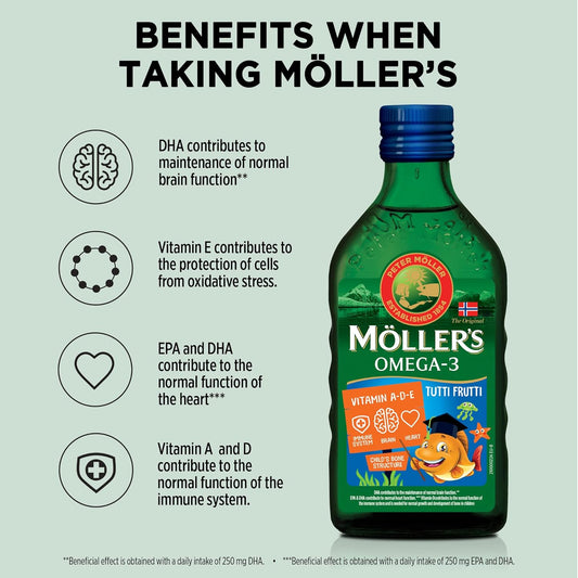 Moller’s ® | Omega 3 for kids Cod Liver Oil | Nordic Omega-3 Dietary Supplements with EPA, DHA, Vitamin A, D & E | Pure, Natural cod Liver Oil Liquid | 166-year-old-brand | Tutti Frutti Taste | 250 mlMollers-7070866030124