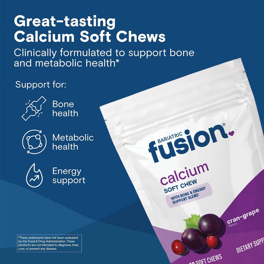 Bariatric Fusion Bariatric Calcium Supplement Chews | Calcium Citrate With Vitamin D3 Bariatric Vitamin | Sugar Free Chewable |500Mg |Cranberry Grape | 60 Count