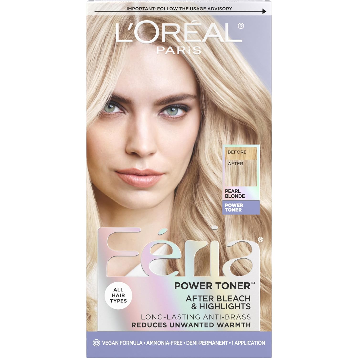 L'Oreal Paris Feria Long-Lasting Anti Brass Power Hair Toner, Ammonia Free Demi Permanent Hair Color, Pearl Blonde Hair Toner, 1 Application