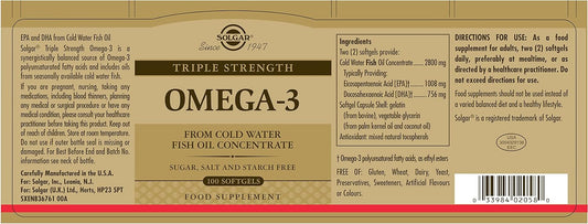 Solgar Triple Strength Omega 3 - Supports Brain & Eyes - Heart Health Friendly - Fish Oil - 100 Softgels, packaging may vary