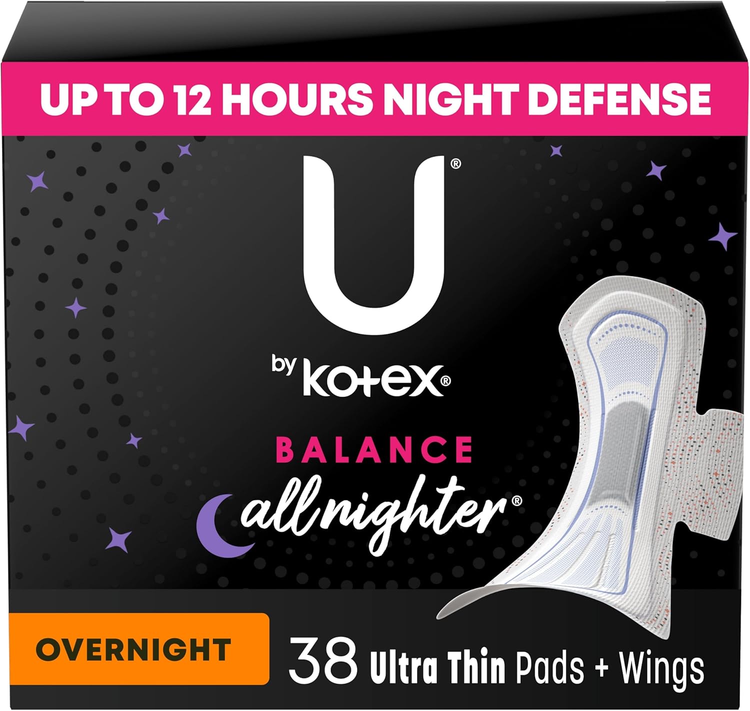 U By Kotex Balance Ultra Thin Overnight Pads With Wings, 38 Count