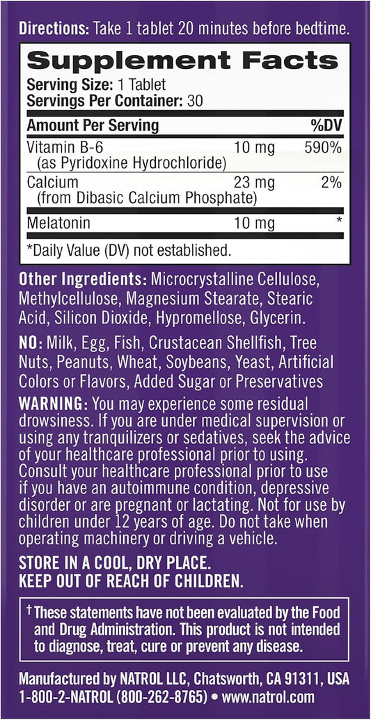 Natrol Melatonin Advanced Sleep Tablets with Vitamin B6, Helps You Fall Asleep Faster, Stay Asleep Longer, 2-Layer Controlled Release, 100% Drug-Free, Maximum Strength, 10mg, 30 Count