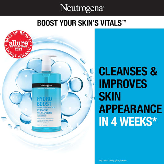 Neutrogena Hydro Boost Fragrance Free Hydrating Gel Facial Cleanser with Hyaluronic Acid, Daily Foaming Face Wash & Makeup Remover, Gentle Face Wash, Non-Comedogenic, 16 fl. oz