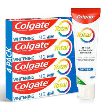 Colgate Total Whitening Toothpaste Gel, 10 Benefits, No Trade-Offs, Freshens Breath, Whitens Teeth and Provides Sensitivity Relief, Mint Flavor, 4 Pack, 5.1 Oz Tubes