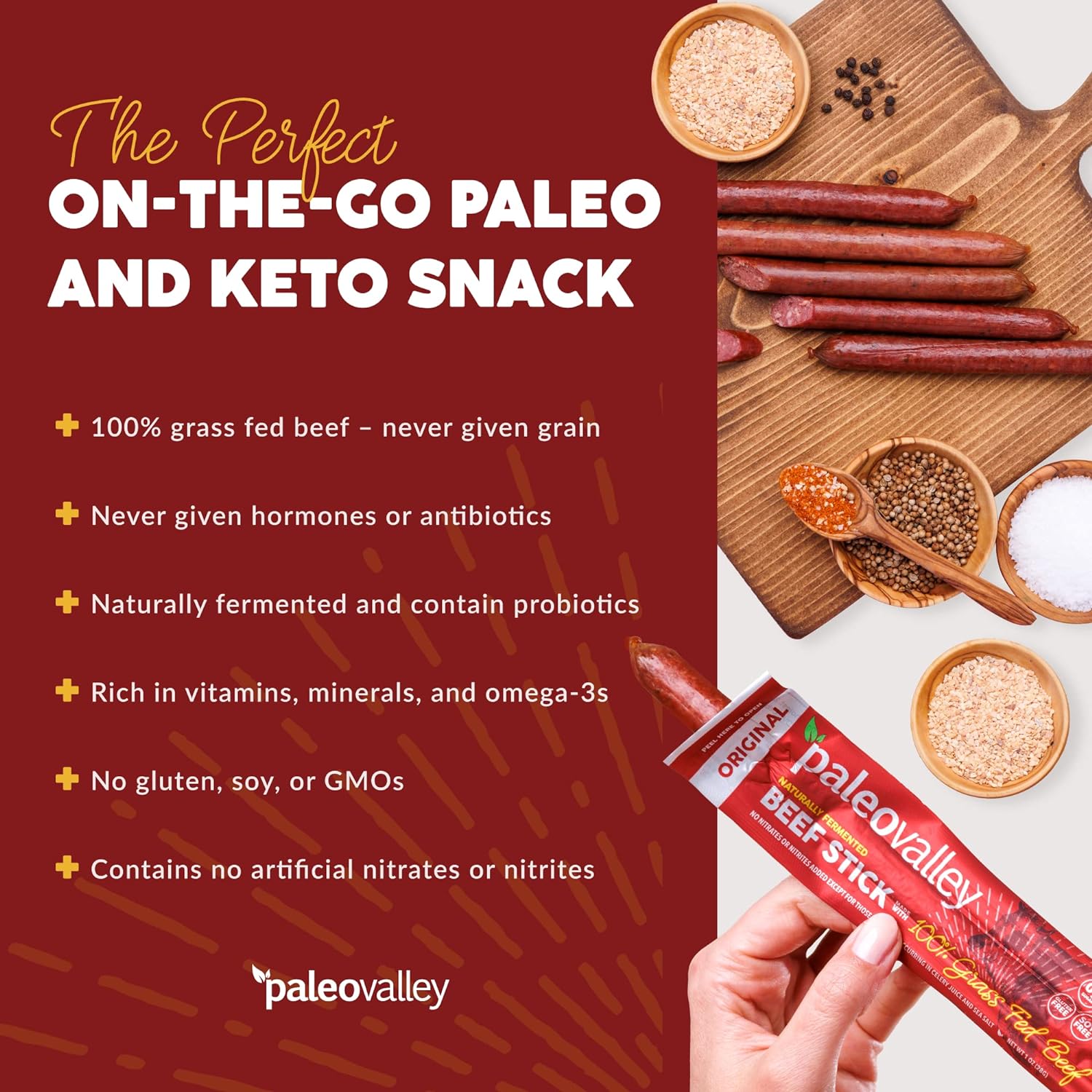 Paleovalley 100% Grass Fed Original Beef Sticks - Delicious Gluten Free Beef Snack - High Protein Keto Friendly : Grocery & Gourmet Food