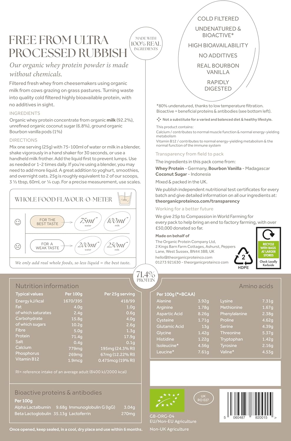 The Organic Protein Co. – Madagascan Vanilla Organic Whey Protein Powder | Additive Free, Undenatured, Bioactive, UPF Free, Emulsifier Free, Primarily Grass Fed, Vegetarian, Gluten Free - 1.2kg : Amazon.co.uk: Health & Personal Care