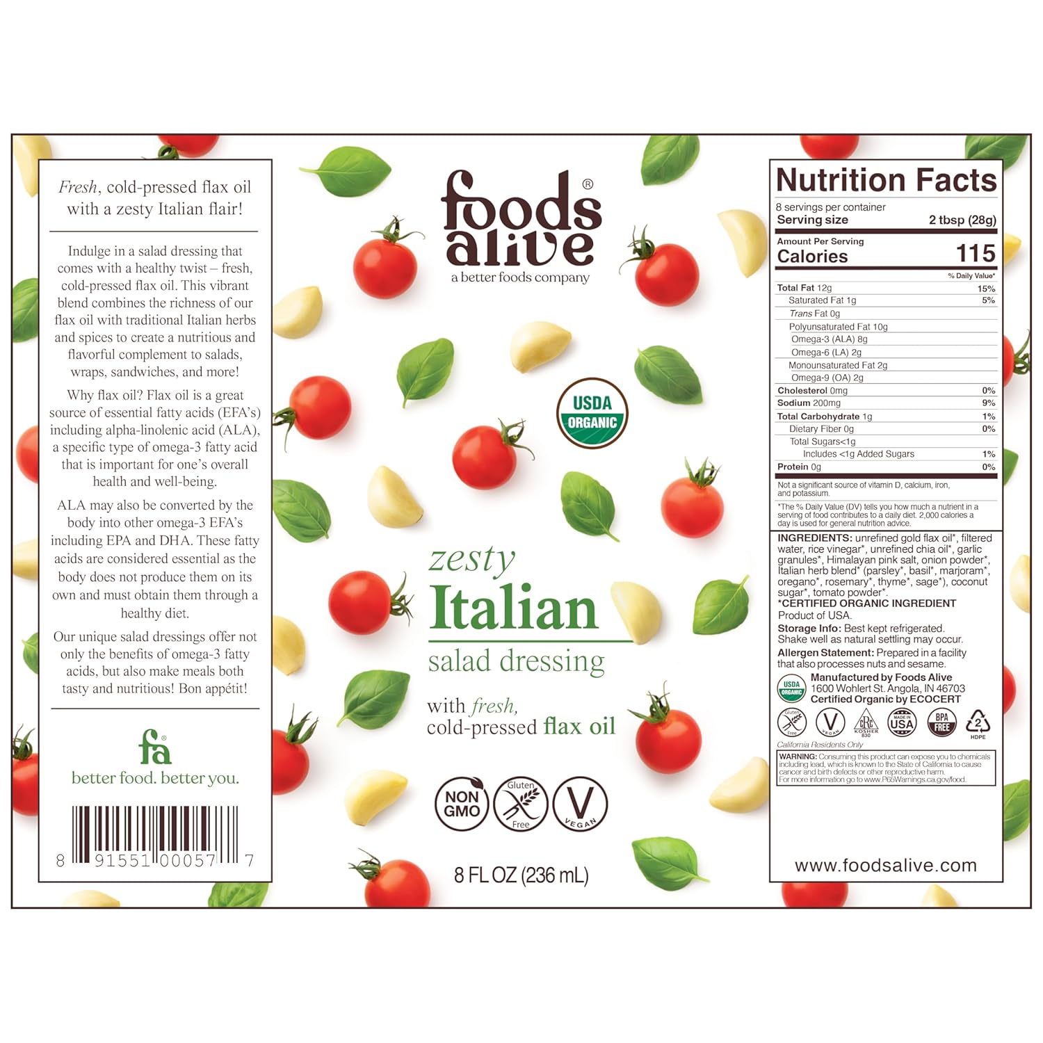 Superfood Dressing, Creamy Italian, Organic, 8Oz : Grocery & Gourmet Food
