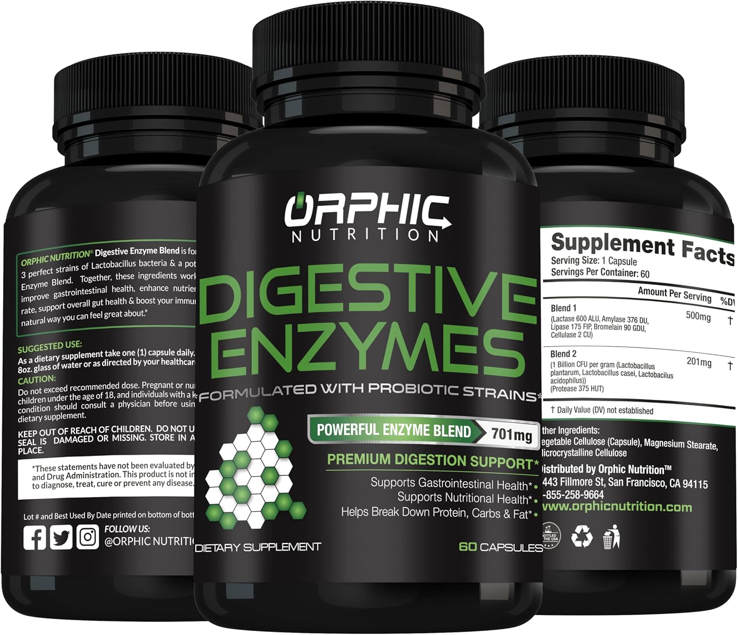 ORPHIC NUTRITION Digestive Enzyme - Supports Stomach Health* - Supports Breakdown of Carbs, Protein, Fat and Nutrient Absorption Rate* - Probiotic Digestion Support Supplement* - 60 Capsules : Health & Household