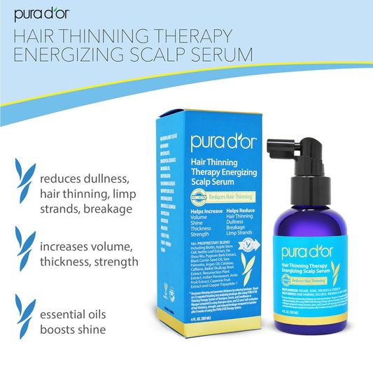 PURA D'OR Scalp Therapy Energizing Scalp Serum Revitalizer (4oz) with Argan Oil, Biotin, Caffeine, Stem Cell, Catalase & DHT Blockers, All Hair Types, Men & Women (Packaging may vary)