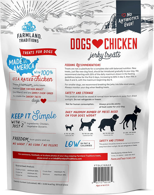 Farmland Traditions Dogs Love Chicken Premium Two Ingredients Jerky Treats for Dogs (2 Bags x 1 lb. Each No Antibiotics Ever USA Raised Chicken)