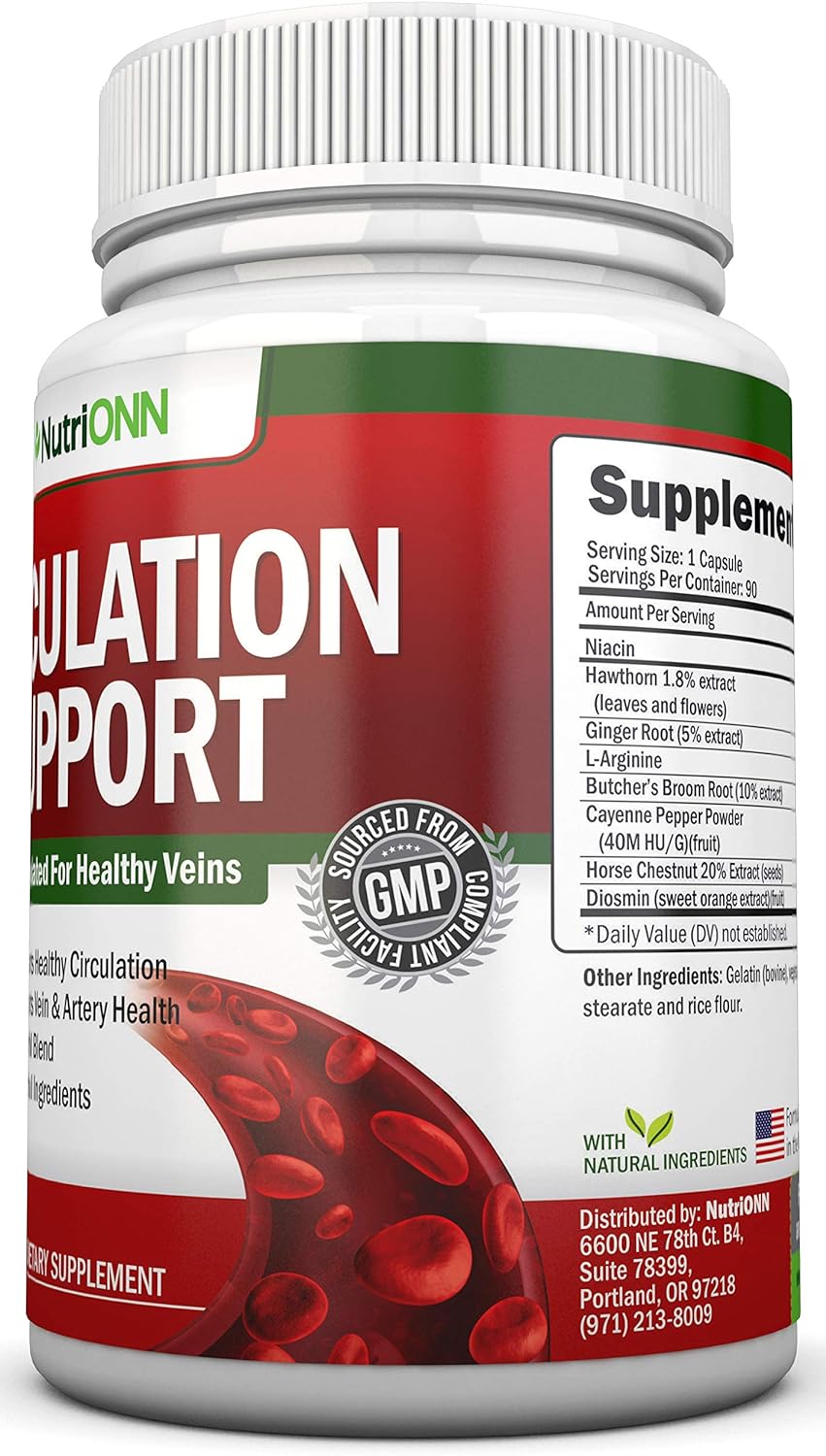 Blood Circulation Support - All Herbal Supplement For Healthy Blood Flow, Arteries & Veins - Promotes Leg Comfort - With Hawthorn, Niacin, L-Arginine, Butcher’s Broom, Cayenne Pepper, Horse Chestnut : Health & Household