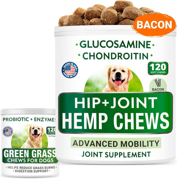 Hemp + Glucosamine + Grass Treatment For Dog Urine Bundle - Joint Pain Relief + Grass Restore - Hemp Oil, Chondroitin W/Msm, Omega 3 + Probiotics - Hip & Joint Supplement + Pee Lawn Repair - 240 Chews