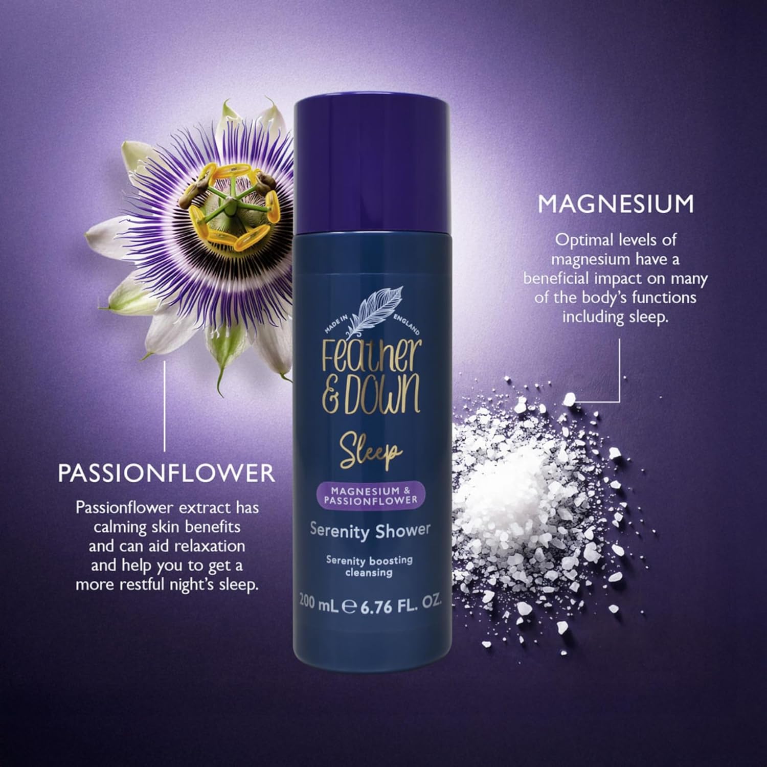 Feather & Down Magnesium And Passionflower Serenity Shower (200Ml) - Sleep Aid Body Wash Infused With Magnesium And Passionflower Essential Oils, Calms For Anxiety & Stress, Relaxation Aromatherapy
