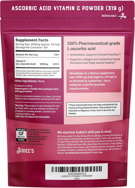 Judee’S Pure Vitamin C Powder 11.25 Oz - 100% Non-Gmo, Gluten-Free And Nut-Free - (L - Ascorbic Acid) - Immune Support & Antioxidant Supplement - No Fillers - For Cosmetics And Preserving Foods