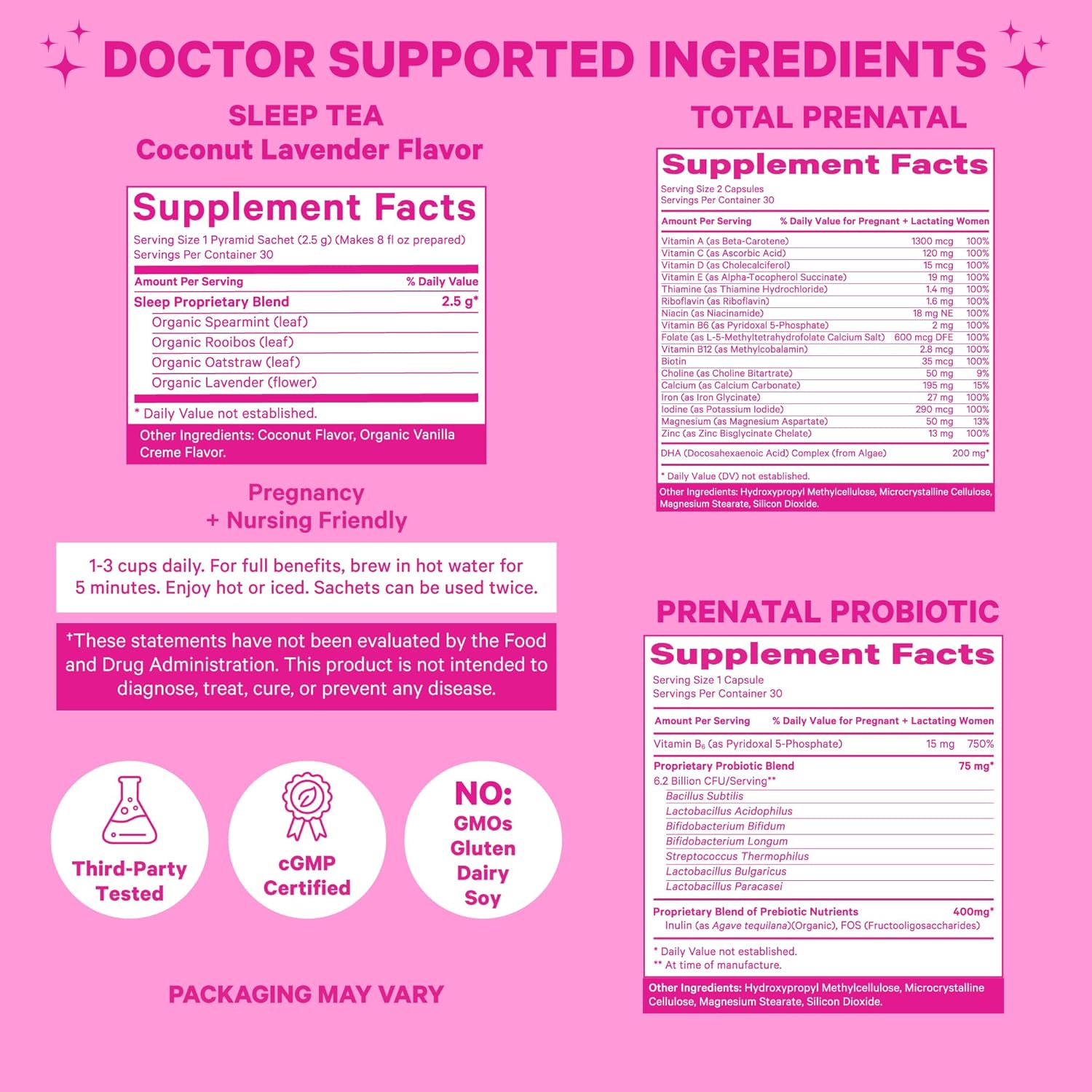 Pink Stork Pregnancy Bundle: Prenatal Vitamin with DHA & Folate, Prenatal Probiotics for Pregnant Women, Melatonin-Free Sleep Tea, Pregnancy Must Haves for Each Trimester, Set of 3 : Health & Household