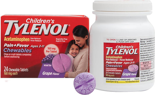 Tylenol Children'S Chewables With 160 Mg Acetaminophen, Pain Reliever & Fever Reducer For Kids' Cold + Flu Symptoms, Headache, Sore Throat & Toothache, Aspirin-Free, Grape Flavor, 24 Ct