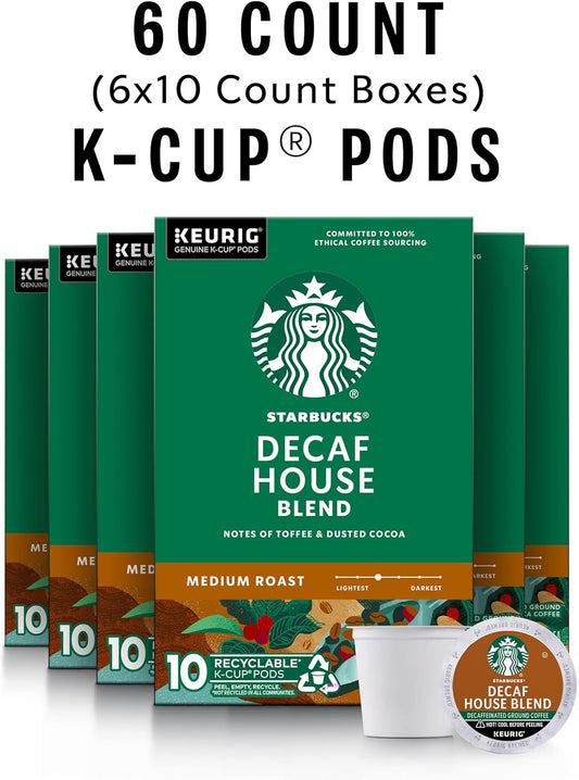Starbucks Decaf K-Cup Coffee Pods — House Blend For Keurig Brewers — 6 Boxes (60 Pods Total)