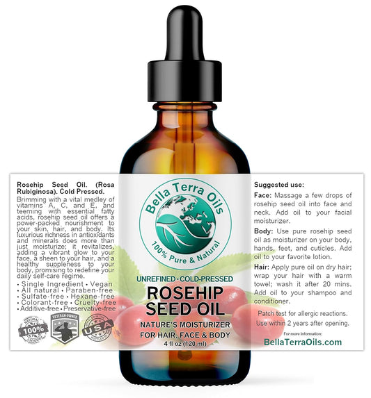 Bella Terra Oils - Organic Rosehip Oil 4 oz - Hailing from the Finest Rosa Mosqueta, Abundant in Omega-6 & Omega-3 Fatty Acids, Pure Radiance for Face