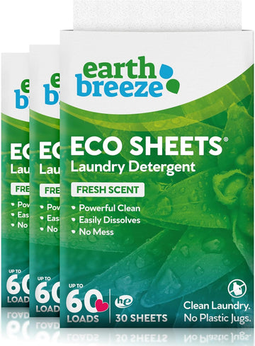 Earth Breeze Laundry Detergent Sheets - 90 Detergent Sheets - (3 Pack) 30 Sheets Per Pack - 180 Loads - Concentrated Liquidless Laundry Soap - No Plastic Jug - Fresh Scent