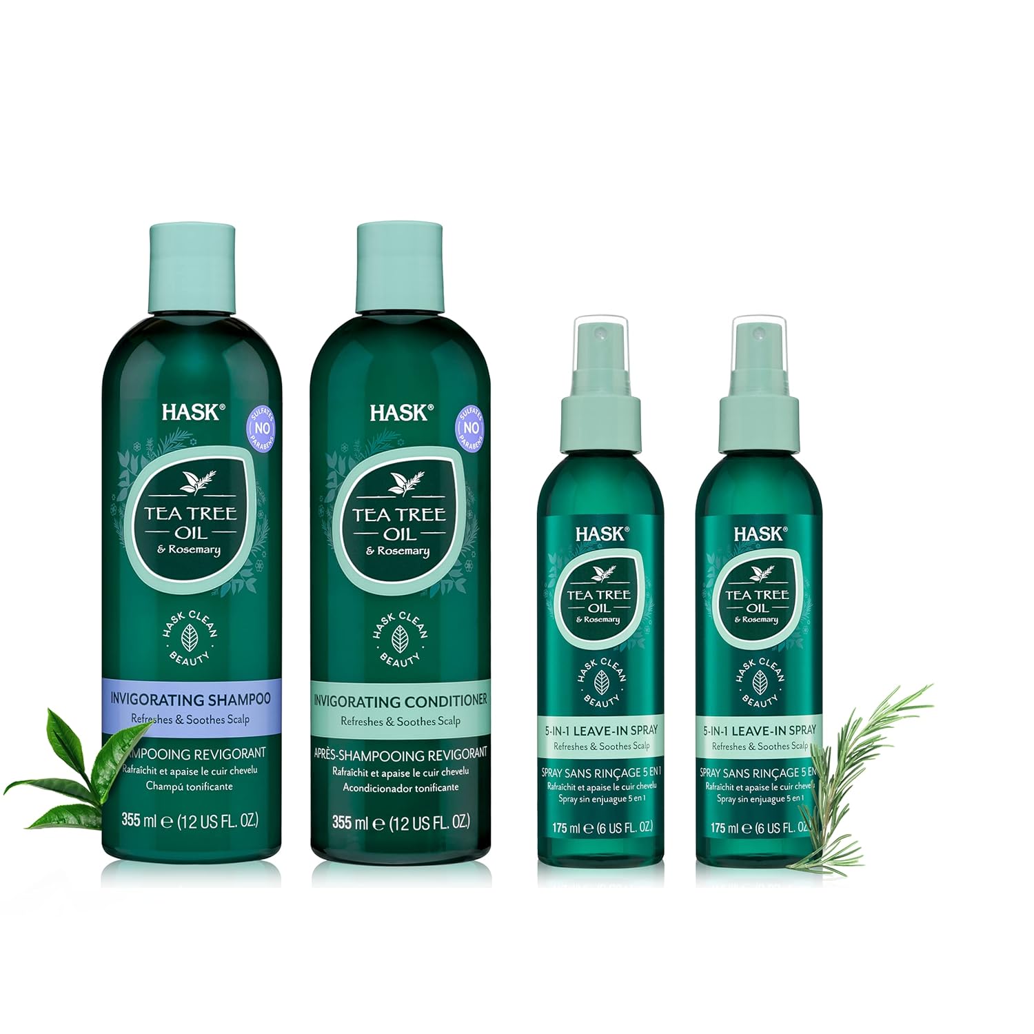 Hask Tea Tree Back To School Pack: Tea Tree Oil & Rosemary Shampoo And Conditioners And A 2-Pack Of 5-In-1 Leave In Conditioner Sprays