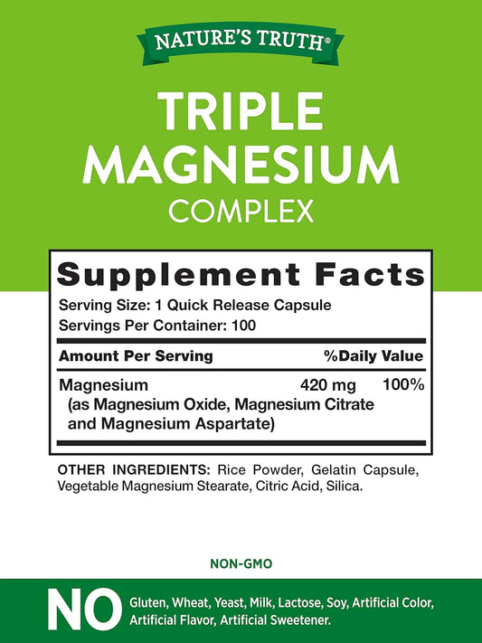 Triple Magnesium Complex | 100 Capsules From Magnesium Oxide, Magnesium Citrate, Magnesium Aspartate | Non-Gmo, Gluten Free Supplement | By Nature'S Truth