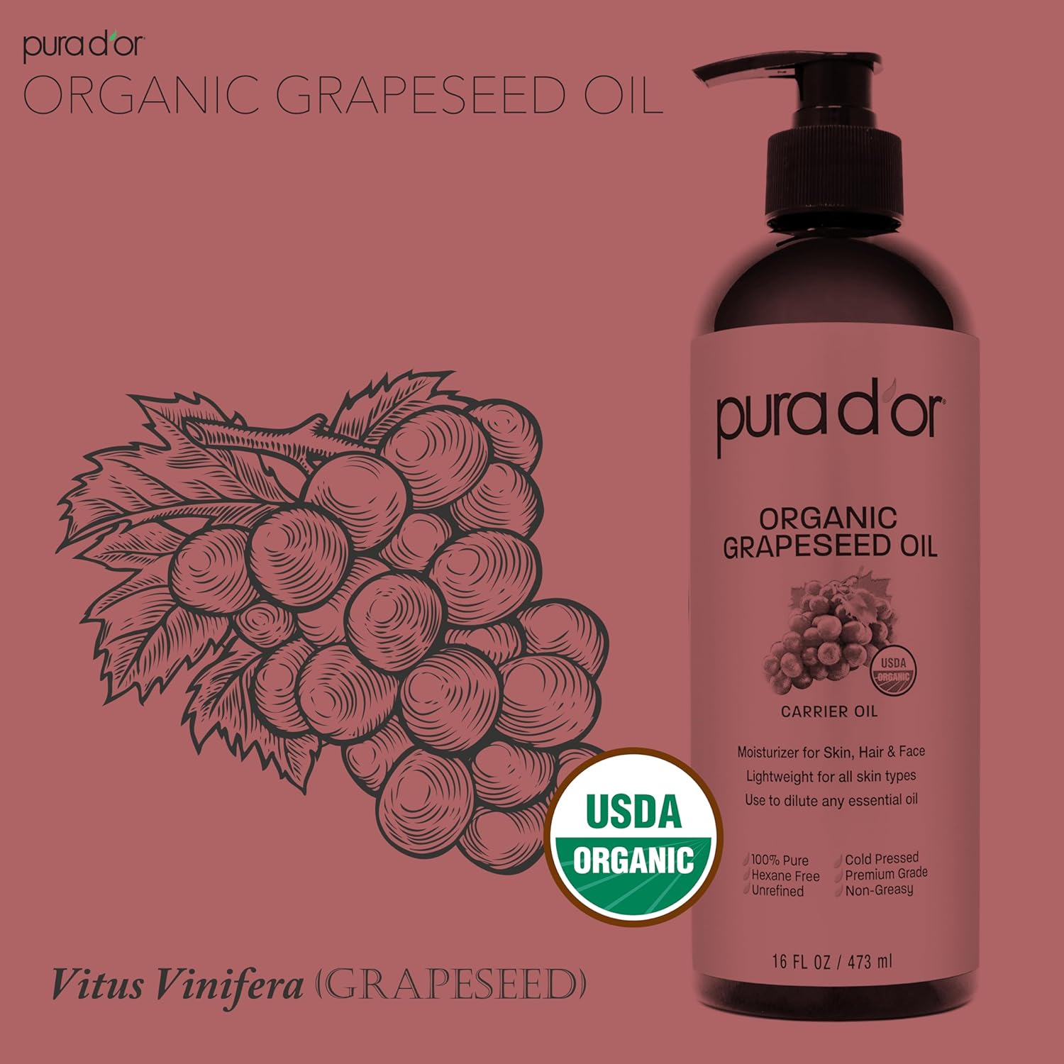 PURA D'OR 16 Oz Organic Grapeseed Oil - 100% Pure & Natural USDA Certified Cold Pressed Carrier Oil - Light & Silky, Unscented, Hexane Free Liquid Moisturizer - Face Skin & Hair - Men & Women : Beauty & Personal Care