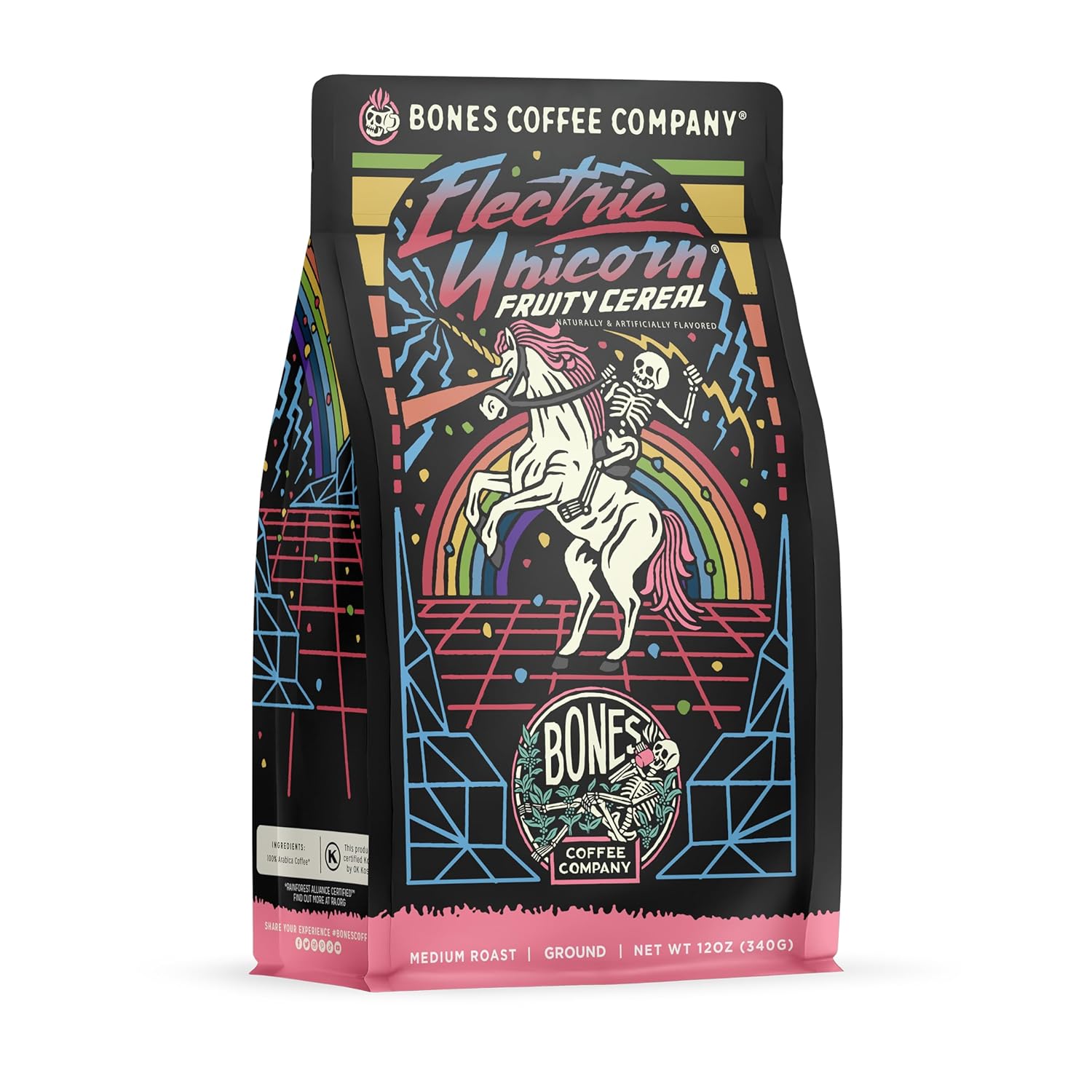 Bones Coffee Company Electric Unicorn Flavored Ground Coffee Beans Fruity Cereal With Milk Flavor | 12 oz Medium Roast Arabica Low Acid Coffee | Gourmet Coffee (Ground)