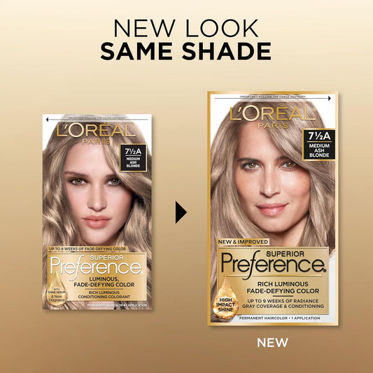 L'Oreal Paris Superior Preference Fade-Defying + Shine Permanent Hair Color, 7.5A Medium Ash Blonde, Pack Of 1, Hair Dye