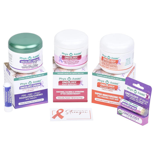 PhysAssist Bundle Oncology Kit For Women and Men - Comfort Kit For Chemo Patients. The Essentials for Face, Body & Feet. Includes Oncology Botanicals, Recovery and Foot Support. (3 - 4 oz) plus lip balm and aromaterahy nausea