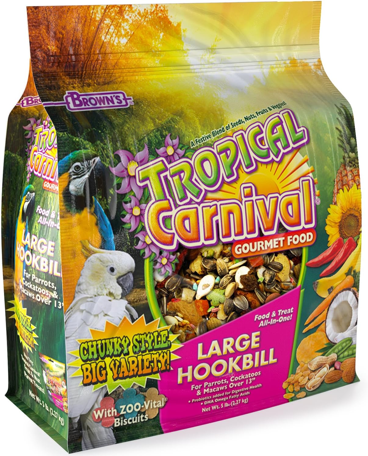 F.M. Brown'S Tropical Carnival Gourmet Large Hookbill Food For Parrots, Cockatoos And Macaws Over 13", 5-Lb Bag - Vitamin-Nutrient Fortified Daily Diet