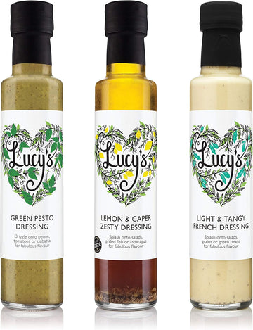 Lucy’S Dressings – Lucy’S Favourites Bundle; Green Pesto Dressing, Lemon & Caper Zesty Dressing And Light & Tangy French Dressing – 3 X 250Ml