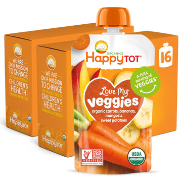 Happy Tot Organics Stage 4 Baby Food Pouches, Gluten Free, Vegan Snack, Love My Veggies, Fruit & Veggie Puree, Carrott, Banana, Mango & Sweet Potato, 4.22 Ounce (Pack Of 16)