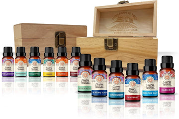 Gurunanda Essential Oils (Set Of 12) With Wooden Storage Gift Box- 100% Pure & Undiluted Oils- Perfect For Aromatherapy, Massage, Beauty, Hair Care & Diffusers (Contains 6 Blends & 6 Singles)