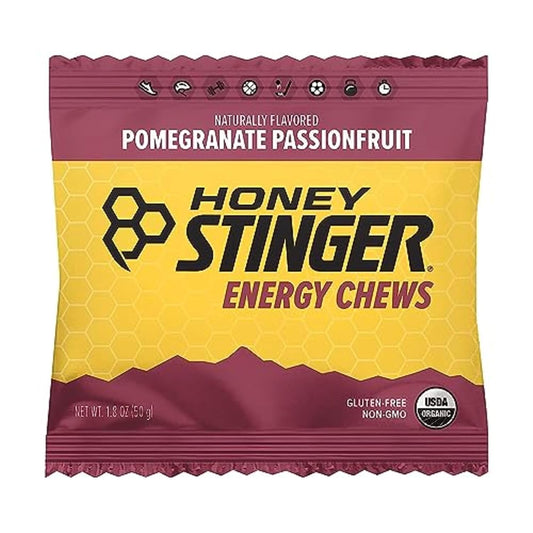 Honey Stinger Organic Pomegranate Passionfruit Energy Chew | Gluten Free & Caffeine Free | For Exercise, Running And Performance | Sports Nutrition For Home & Gym, Pre And Mid Workout | 12 Pack