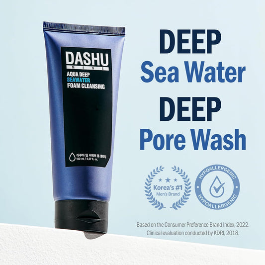 Dashu Mens Aqua Deep Seawater Foam Cleansing 5.07Fl Oz – Deep Cleansing, Facial Cleansing Foam, Daily Face Wash, For All Skin Types, Make-Up Remover