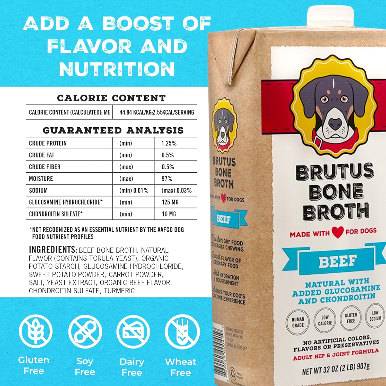 Brutus Beef Bone Broth for Dogs and Cats - All Natural Dog Bone Broth with Chondroitin Glucosamine & Turmeric -Human Grade Dog Food Toppers for Picky Eaters & Dry Food -Tasty & Nutritious- Pack of 6 : Pet Supplies