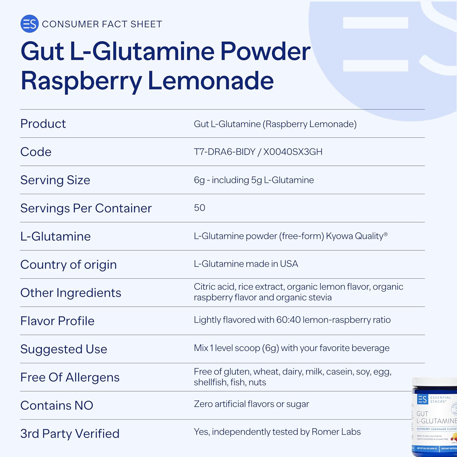 Essential Stacks Flavored Gut L-Glutamine Powder (Raspberry Lemonade) - Sugar Free & Gluten Free - Made with Organic Raspberry & Lemon Flavors (50 Servings) : Health & Household