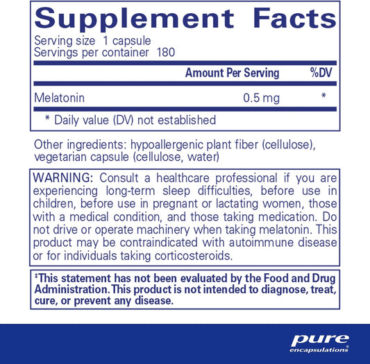 Pure Encapsulations Melatonin 0.5 mg - Natural Sleep Helper for Bedtime - Regulates Sleep-Wake Cycle - 0.5 mg Melatonin - Sleep Supplement* - Vegan & Non-GMO - 180 Capsules