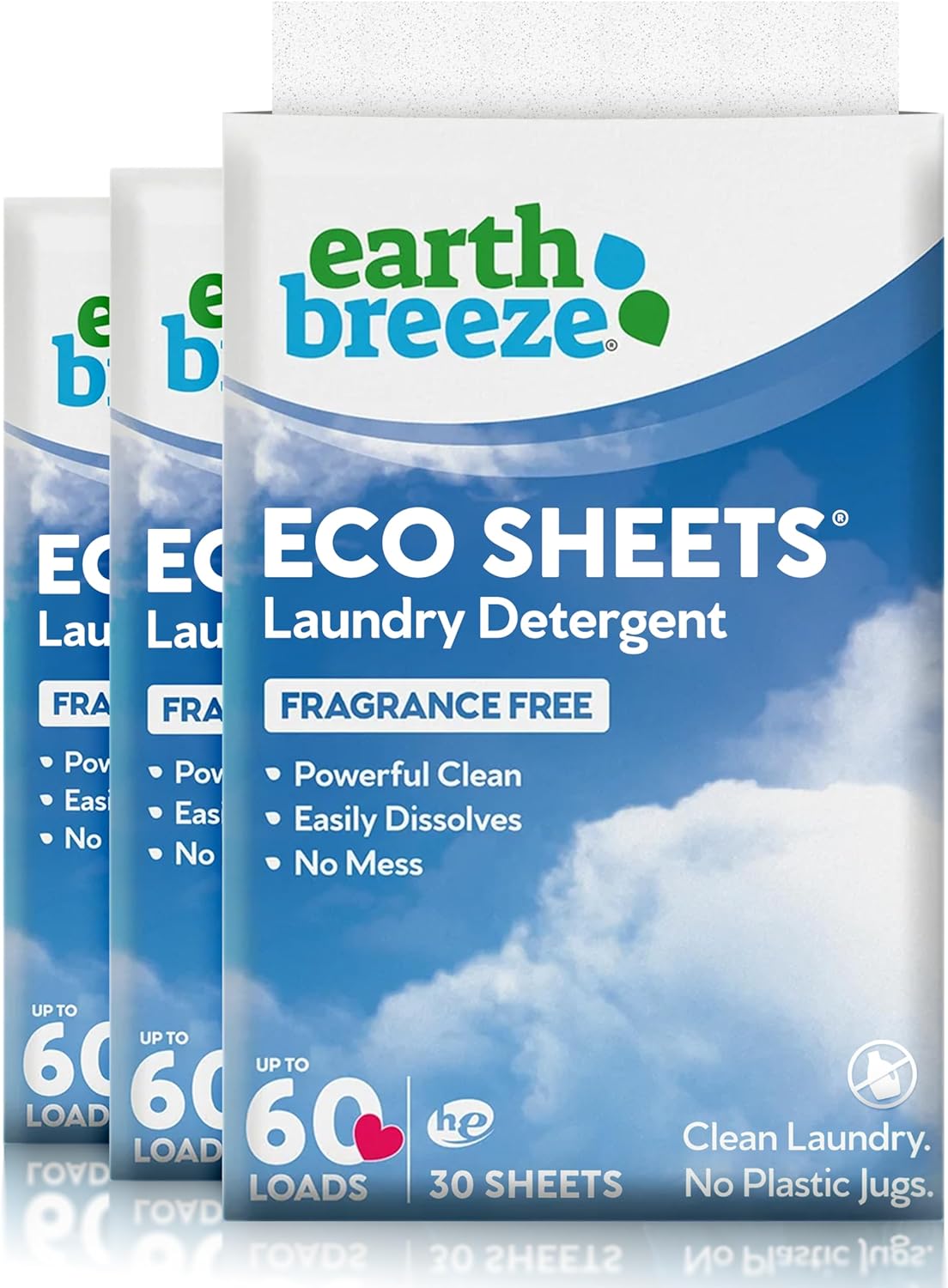 Earth Breeze Laundry Detergent Sheets - 90 Detergent Sheets (3 Pack) - 30 Sheets Per Pack - 180 Loads - Concentrated Liquidless Laundry Soap - No Plastic Jug - Fragrance-Free