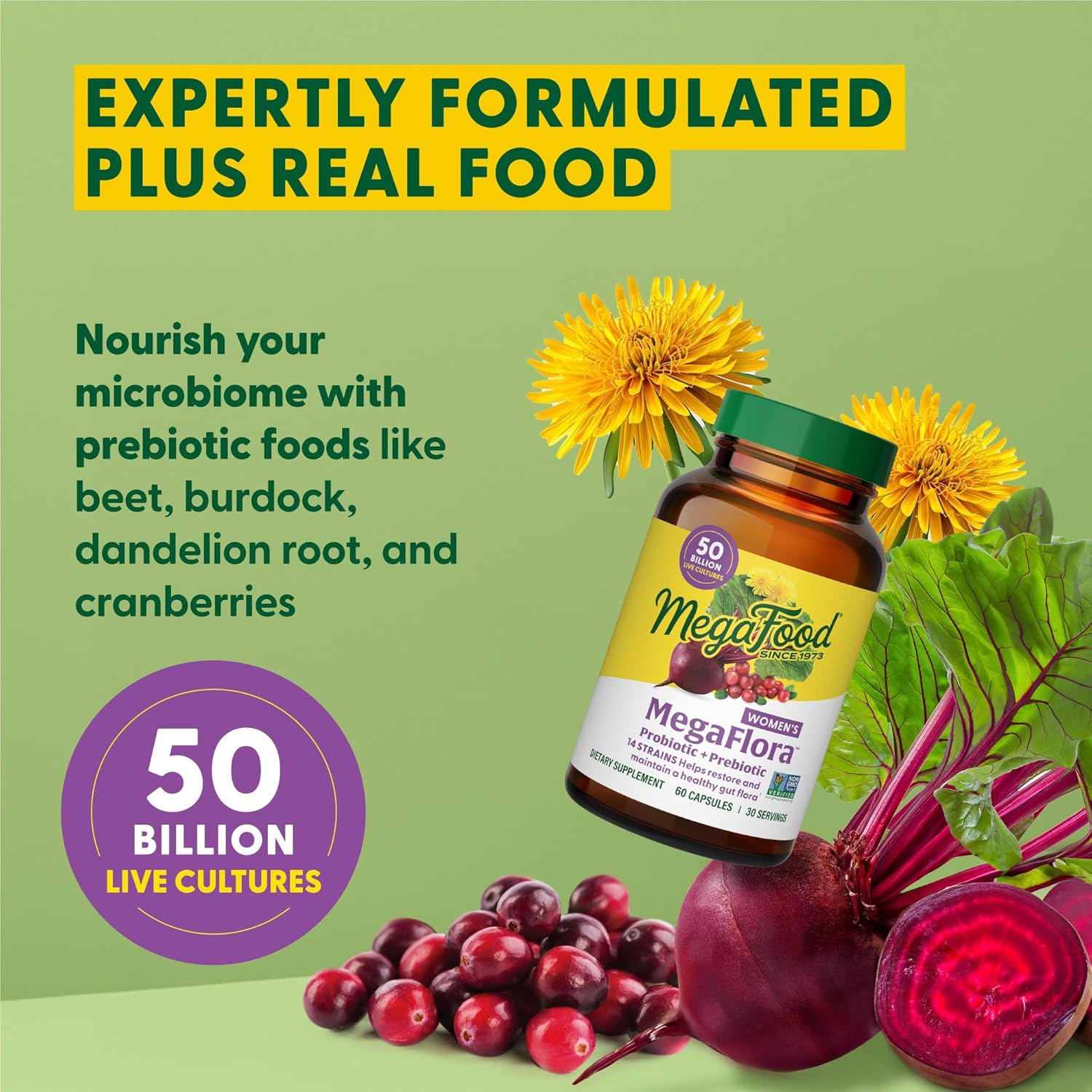 Megafood Megaflora Probiotics For Women + Prebiotics And Probiotics With 14 Strains & 50 Billion Cfus, With Cranberry For Women Digestive Health, Vegetarian- 90 Capsules (45 Servings) : Health & Household