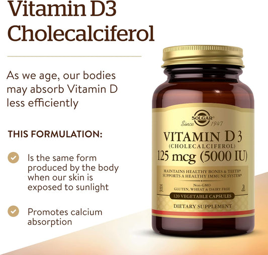 Solgar Vitamin D3 (Cholecalciferol) 125 Mcg (5000 Iu), 120 Vegetable Capsules - Helps Maintain Healthy Bones & Teeth - Immune System Support - Non-Gmo, Gluten Free, Dairy Free, Kosher - 120 Servings