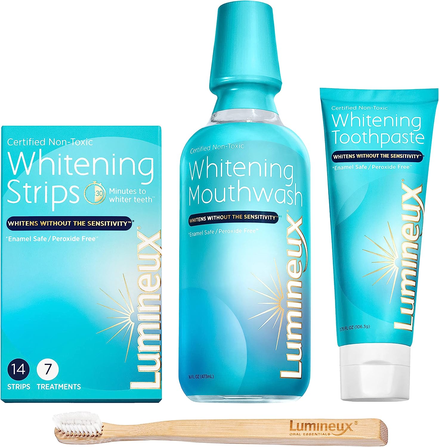 Lumineux Teeth Whitening Kit Peroxide Free Enamel Safe for Whiter Teeth Includes 7 Whitening Treatments, 1 Mouthwash, 1 Toothpaste & 1 Bamboo Toothbrush Certified Non-Toxic, Dentist Formulated