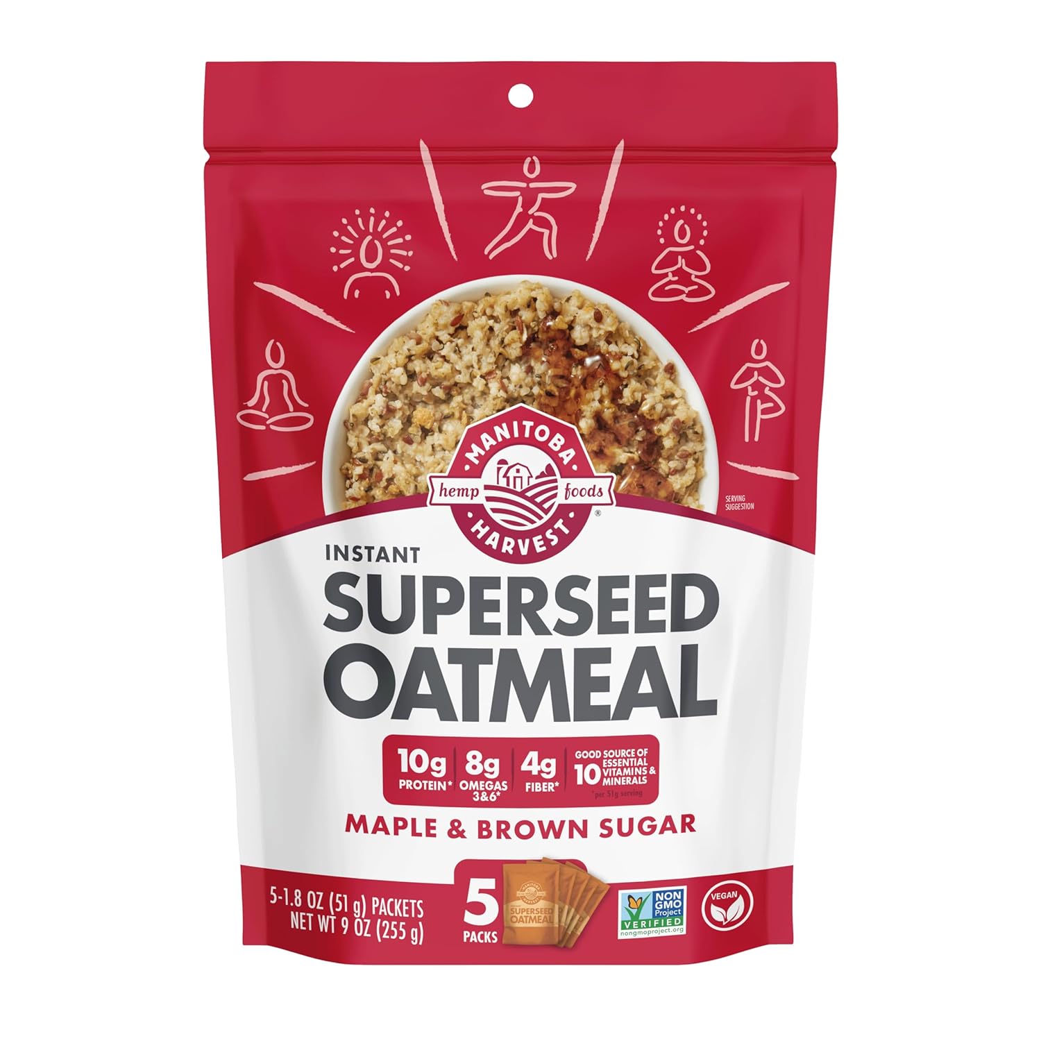 Manitoba Harvest Superseed Instant Oatmeal – 10G Protein, 4G Fiber & 8G Omega 3 And 6 Per Serving From Hemp Hearts, Whole Grain Rolled Oats, & Flax Seed – Maple & Brown Sugar (6 Pack) 30 Packets Total