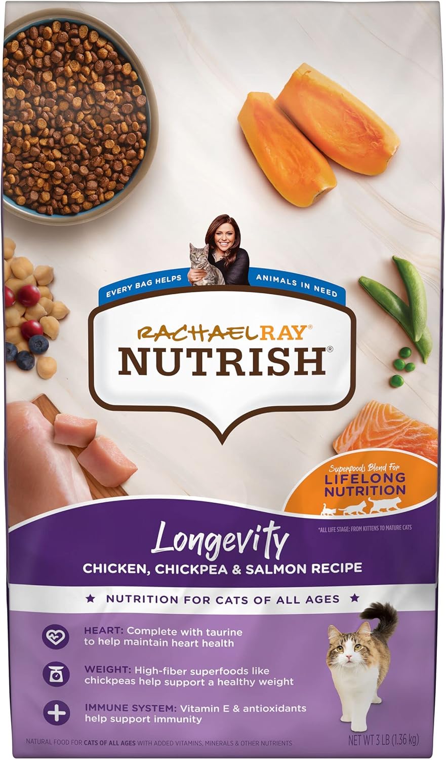 Rachael Ray Nutrish Longevity Premium Natural Dry Cat Food With Added Vitamins, Minerals & Other Nutrients, Chicken With Chickpeas & Salmon Recipe, 3 Pounds