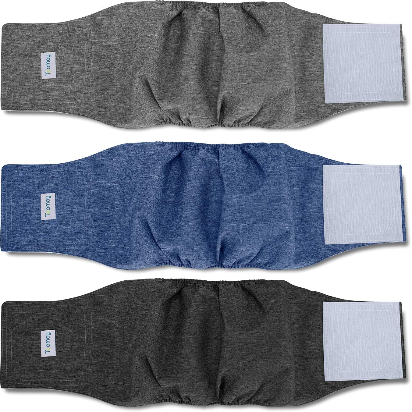 Teamoy 3Pcs Reusable Wrap Diapers For Male Dogs, Washable Puppy Belly Band (L1, 16"-20" Waist, Black+ Gray+ Blue)